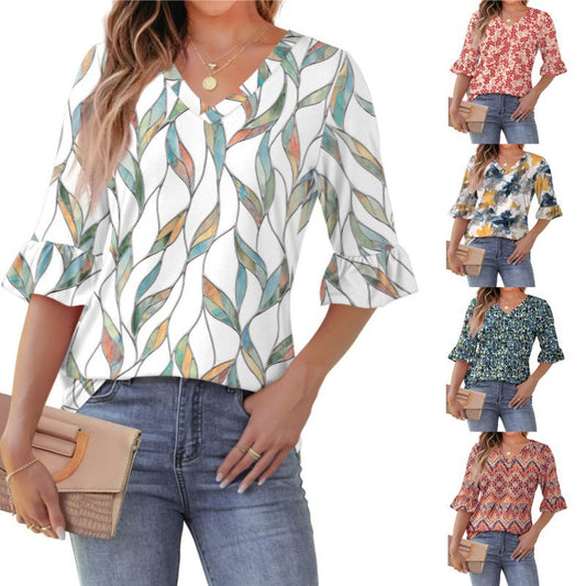 💕👚Női 3/4 hosszú ujjú V-nyakú fodros ujjú tunika blúzok