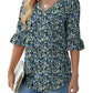 💕👚Női 3/4 hosszú ujjú V-nyakú fodros ujjú tunika blúzok
