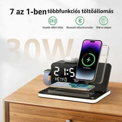 7 az 1-ben gyors vezeték nélküli töltőpad, kettős telefon töltő, érintéses éjszakai fény, Bluetooth, digitális kijelző.