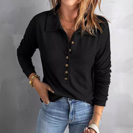 🍂Buton casual pentru femei în jos V-Neck Lapel Long Sleeve Bottom T-Shirt