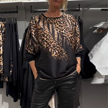 Top casual lejer cu gât rotund cu imprimeu leopard