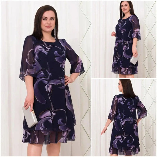 💕[M-4XL]👗2025 New Ruffle Sleeve Printed Chiffon Dresses