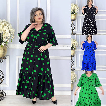 🌸💐 Női elegáns, V-nyakú pöttyös ruha
