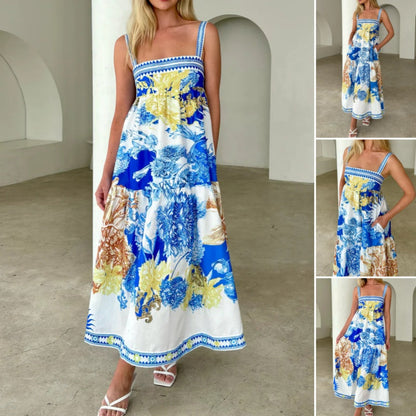 🌈Női elegáns virágos nyomtatott Maxi ruha zsebes zsebekkel