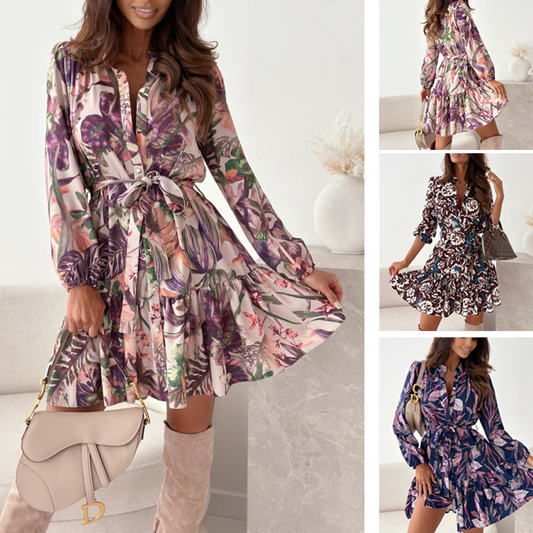 Floral Pattern Waist-Cinching Ruffled Shirt Dress
