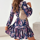 Floral Pattern Waist-Cinching Ruffled Shirt Dress