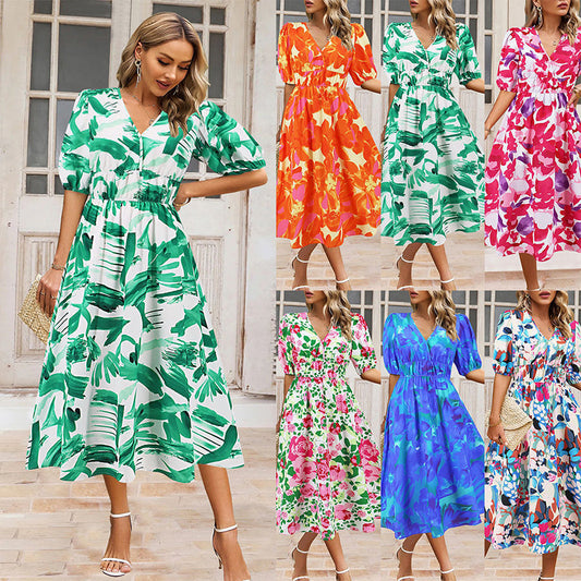 【S-5XL】💐Női V-nyakú nyomtatott alkalmi ruha