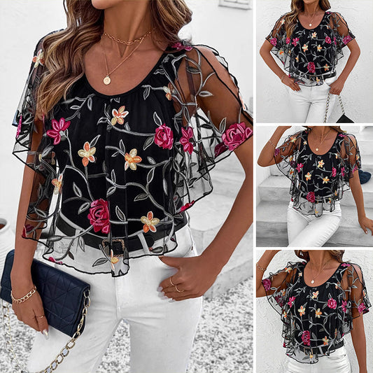 🔥👚 Női nyomtatott hálós patchwork felső 🥰