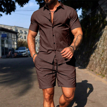 🏖️🌬️ Férfi nyári szett – Rövid ujjú ing és rövidnadrág, azonnal kész outfit a strandoláshoz és nyaraláshoz ✨