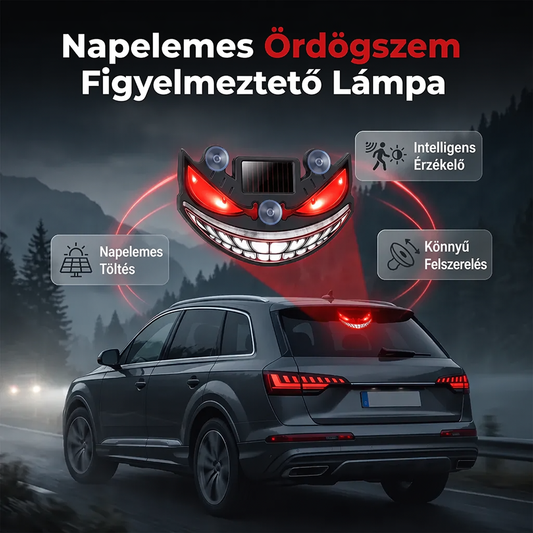 🚗✨ Napelemes ördögszem LED autó figyelmeztető fény –🔋 Rezgésérzékelővel, USB és napelemes töltéssel, univerzális illeszkedés 😈