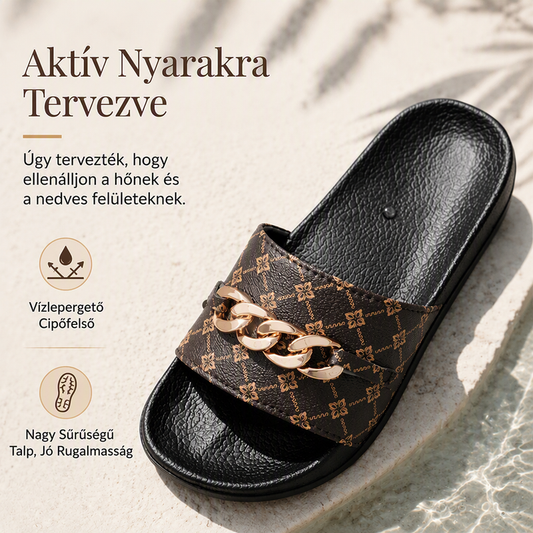 👣🔗 (EU 36-45) Monogramos nyári papucs szett –☁️ Unisex, fém lánc, kényelmes – Utánvét 📦