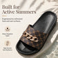 👣🔗 (EU 36-45) Monogramos nyári papucs szett –☁️ Unisex, fém lánc, kényelmes – Utánvét 📦
