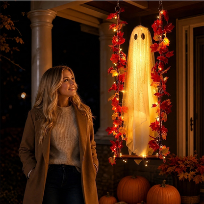 🎃👻 Lengőhintán lógó halloweeni szellem távirányítású LED-del és juharlevelekkel 🍁