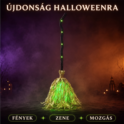 🧹 Halloween elektromos boszorkányseprű díszítés – Világító, mozgó dekoráció – Utánvét ✨