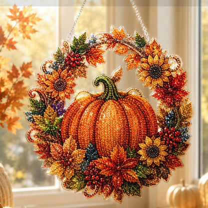 🍂🎃 Tök koszorú gyémántfestés Áttetsző függő dekoráció Kézműveskedőknek és őszi dekorációhoz 💎