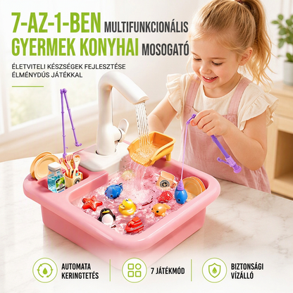 Kiváló minőségű ABS műanyag és fejlett vízálló tömítés – tartós, biztonságos, ellenáll a mindennapi játéknak – 7 az 1-ben gyermek konyhai mosogató játék – Utánvéttel! 🛡️