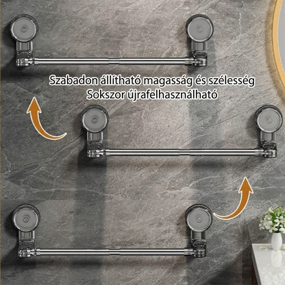 Fúrás nélküli felszerelés – másodpercek alatt felragasztható, a falak sértetlenek maradnak – Kihúzható tapadókorongos törölközőtartó – Utánvéttel! 🛁